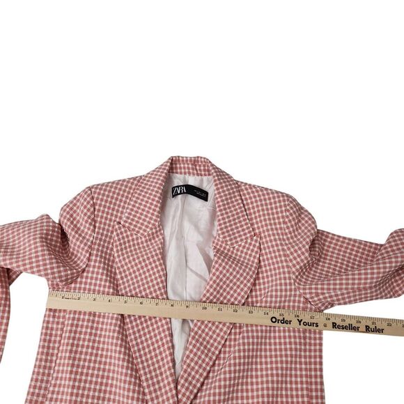 Zara Blazer Small Gingham Pink & White Jacket Bloggers Favorite Pockets Collared - Picture 9 of 10